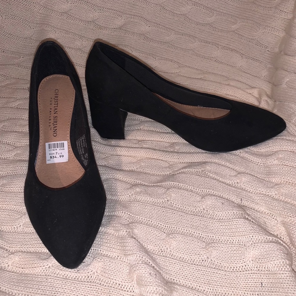 Black faux suede chunky heels